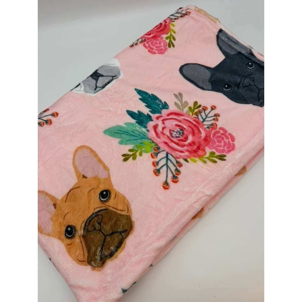 French Bulldog Pink Fleece Blanket 50x40 – Floral Dog Throw – Like New - Picture 4 of 5